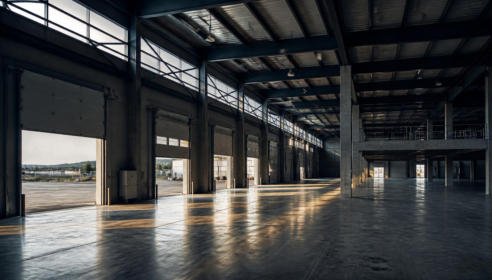 Intérieur d'un entrepôt logistique vide avec quais de chargement et structure métallique