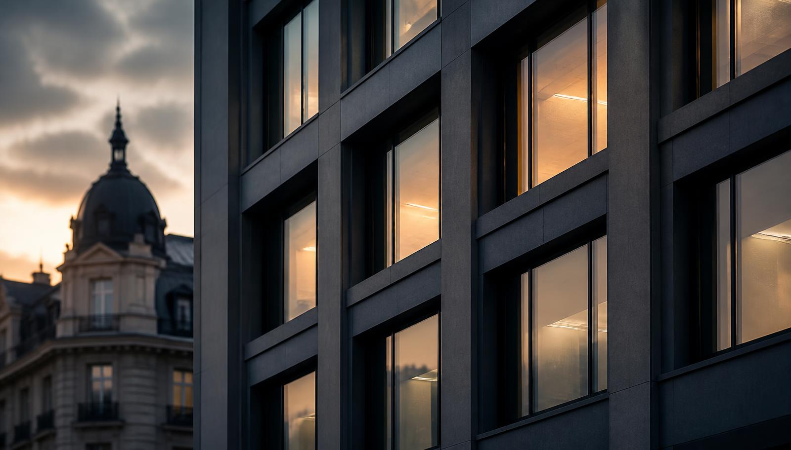 Façade d'immeuble de bureaux à Madrid au crépuscule, illustration de due diligence technique